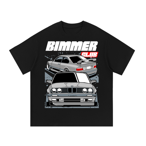 Black T-shirt with Bimmer Club car artwork on the front