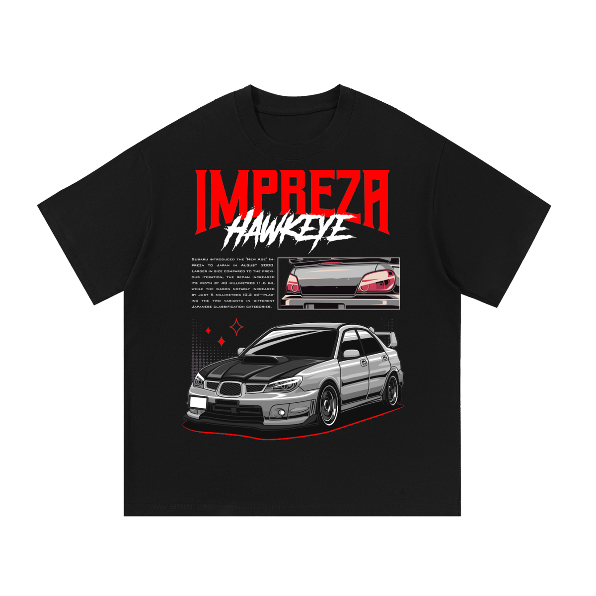 Hawkeye WRX STI car graphic on an oversized cotton T-shirt