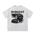 White grey T-shirt with Midnight Chaser Twin Car car artwork on the front
