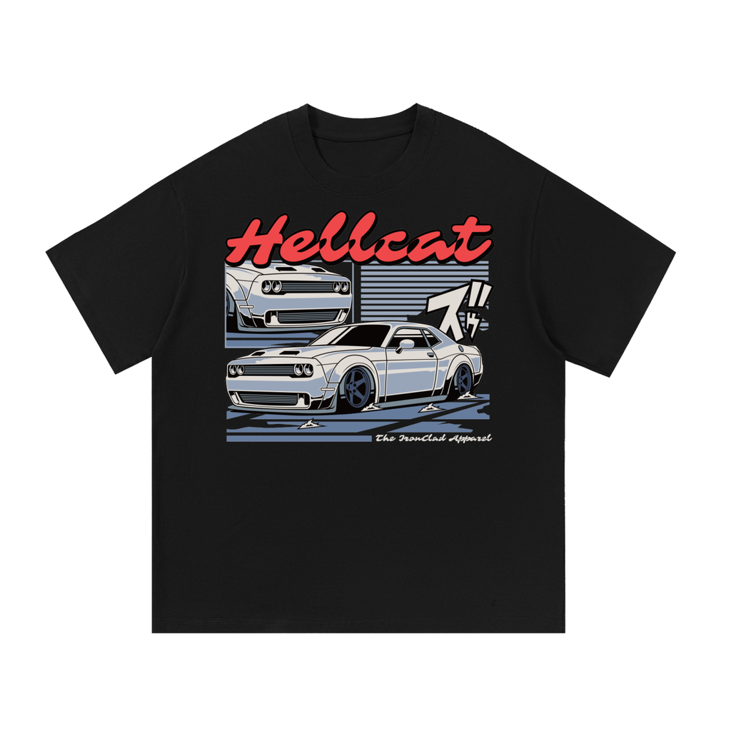 Hellcat muscle car graphic on an oversized cotton T-shirt