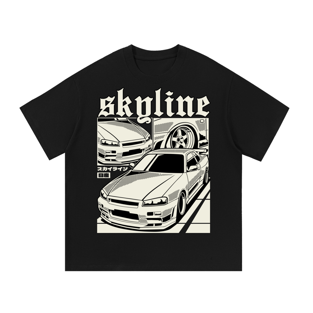 R34 Skyline night drive graphic on an oversized cotton T-shirt
