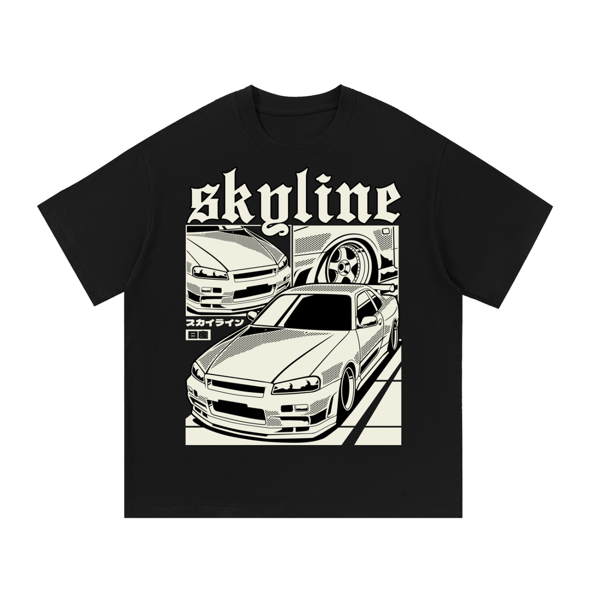 R34 Skyline night drive graphic on an oversized cotton T-shirt