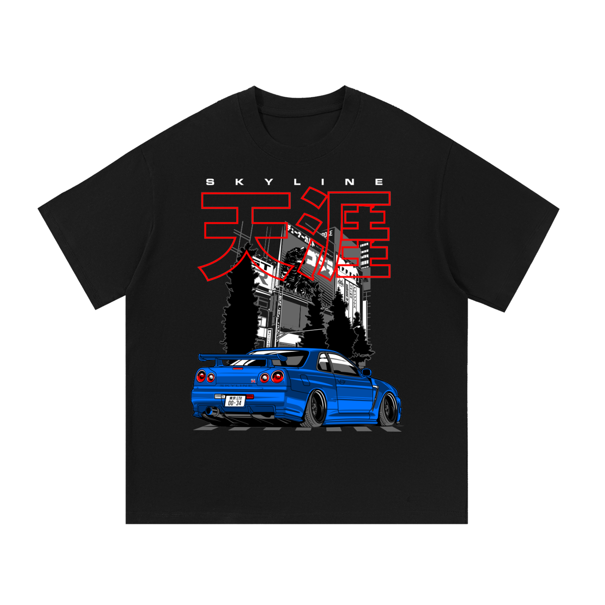 R34 Skyline midnight run graphic on an oversized cotton T-shirt