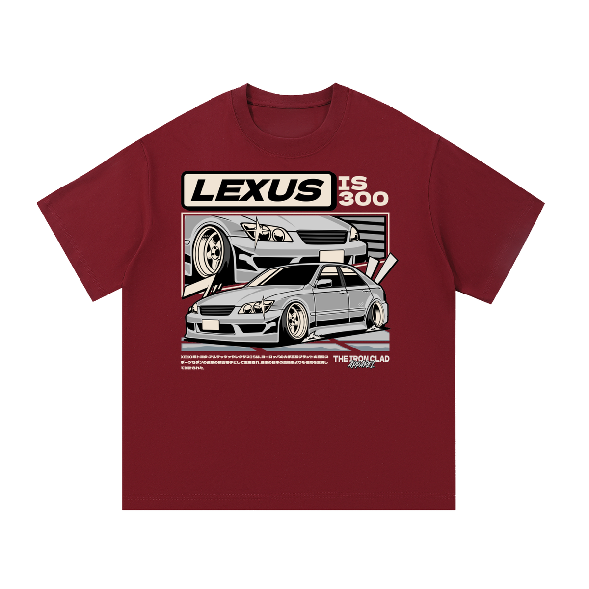 Wine red T-shirt with Lexus IS300 car artwork on the front