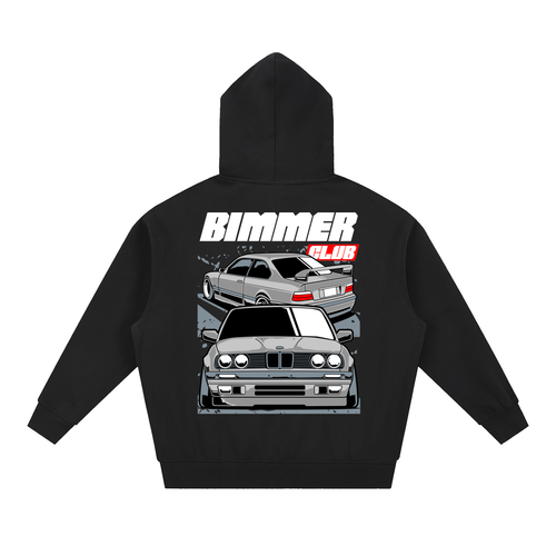 E36 and E30 car graphic on an oversized black hoodie