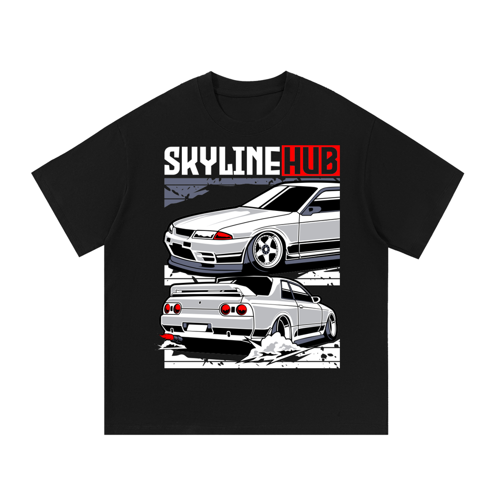 R32 Skyline circuit car graphic on an oversized cotton T-shirt
