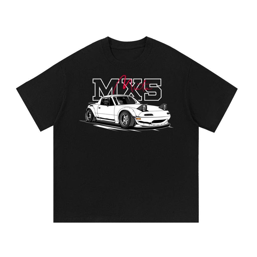 MX-5 Miata touge car graphic on an oversized cotton T-shirt