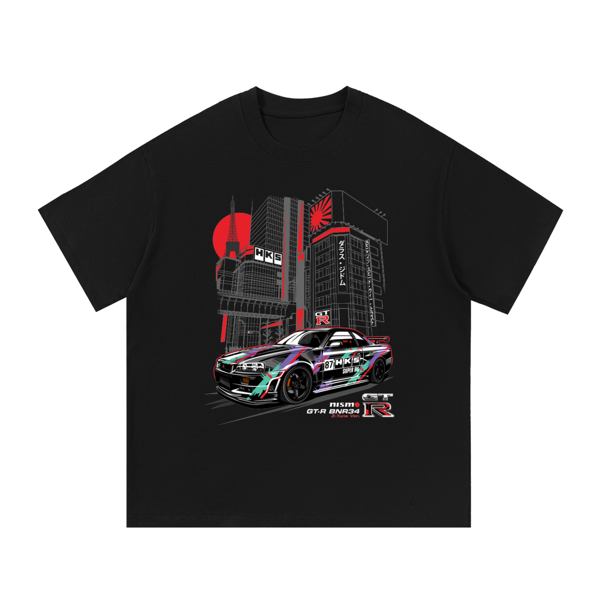 R34 Skyline car graphic on an oversized cotton T-shirt