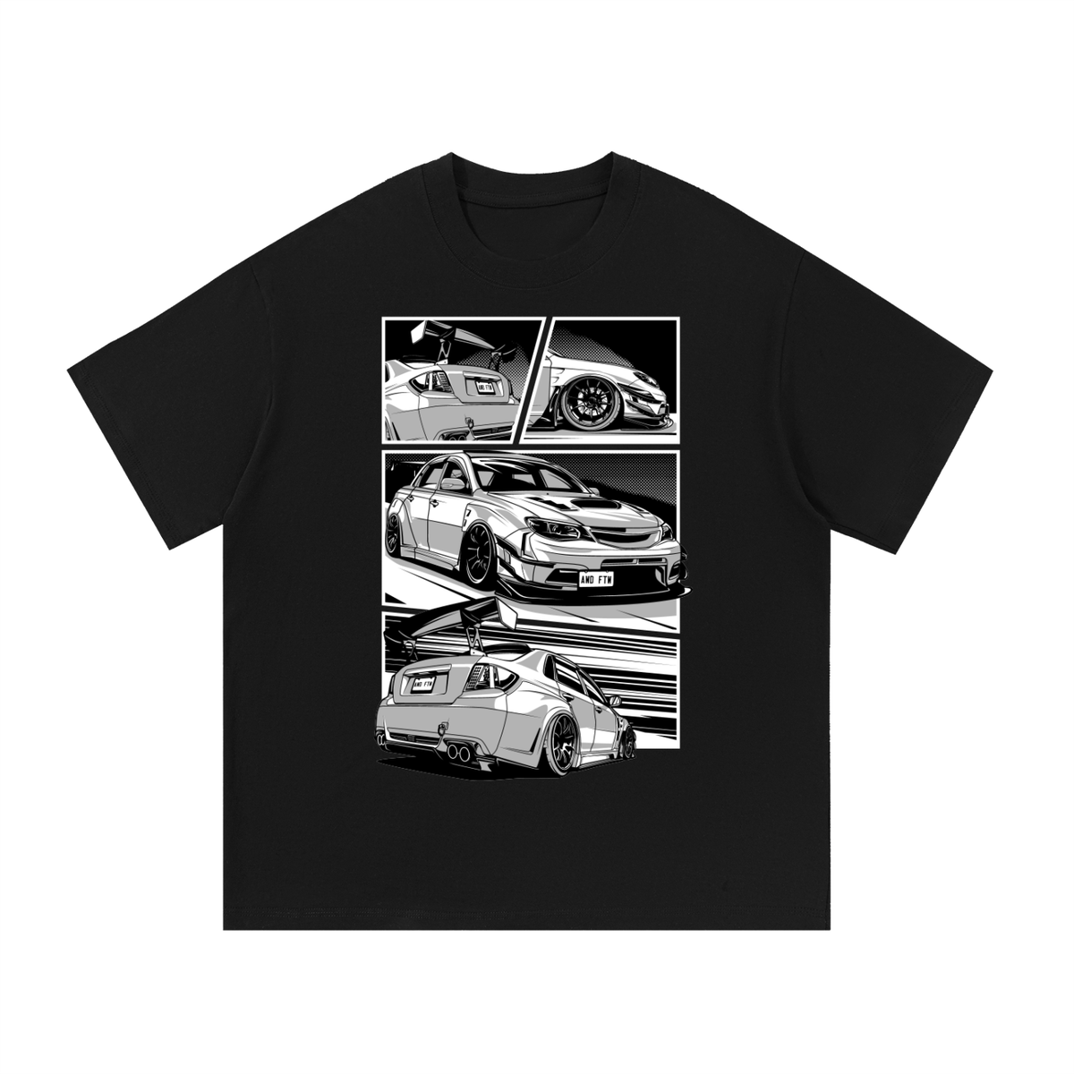 WRX rally car graphic on an oversized cotton T-shirt